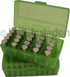 50er MTM Patronenbox, Klappdeckel, klar-grün, .45 ACP, Art.-Nr.: P50-45-16
