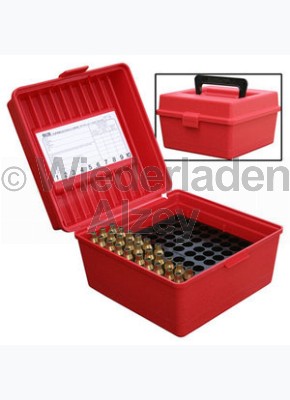 100er MTM Patronenbox mit Tragegriff, rot, Größe RL, für .25-06 / .270 Win., ..., Art.-Nr.: R10030