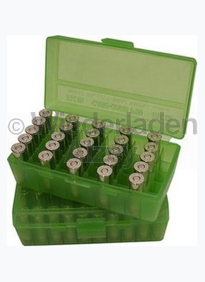 50er MTM Patronenbox, Klappdeckel, klar-grün, .45 ACP, Art.-Nr.: P50-45-16