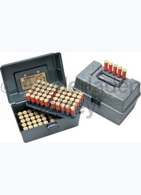 MTM, Schrotpatronenbox für 100 Patronen im .12, mit herausnehmbaren Munitionshalter und 5-fach Patronenhalter im Deckel, Camo, Art.-Nr.: SF-100-12-09